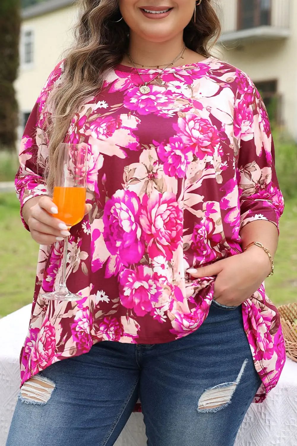 Vibrant red floral plus size blouse - Love Salve